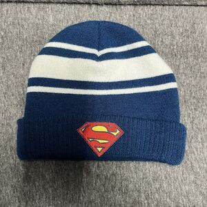 Superman DC Comics Beanie Winter Knit Hat Superhero Adult L Blue White Striped